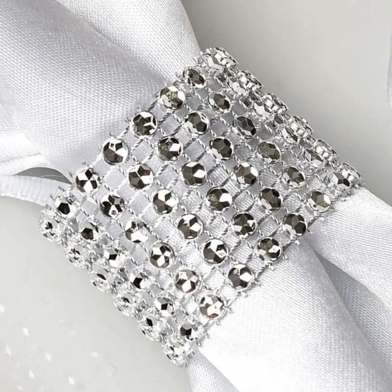 10 Pack Silver Diamond Rhinestone Napkin Rings, Chair Sash Velcro Brooch Buckle