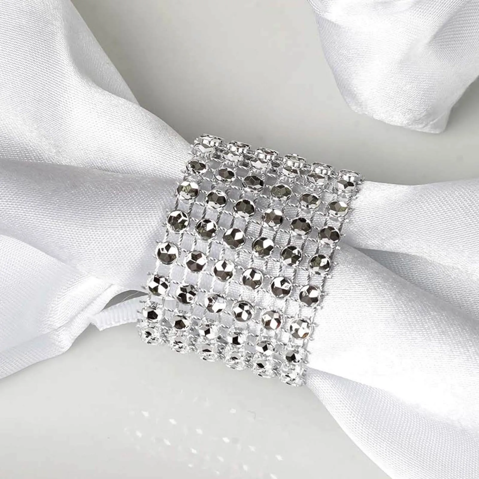 10 Pack Silver Diamond Rhinestone Napkin Rings, Chair Sash Velcro Brooch Buckle