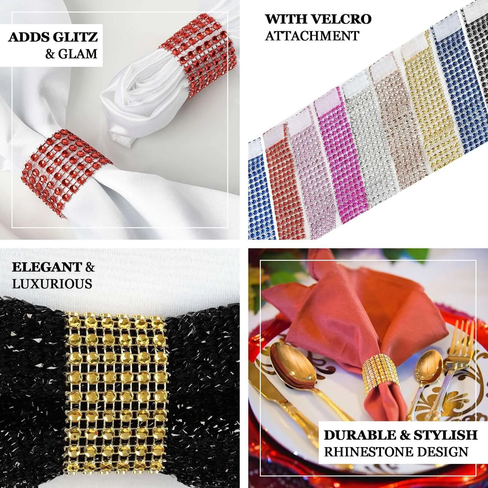 10 Pack Silver Diamond Rhinestone Napkin Rings, Chair Sash Velcro Brooch Buckle