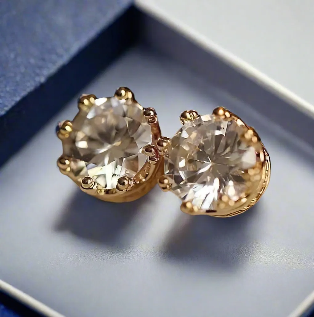 18K Gold Plated Crown Stud Earrings with OB Crystals for Women - Sparkling & Elegant