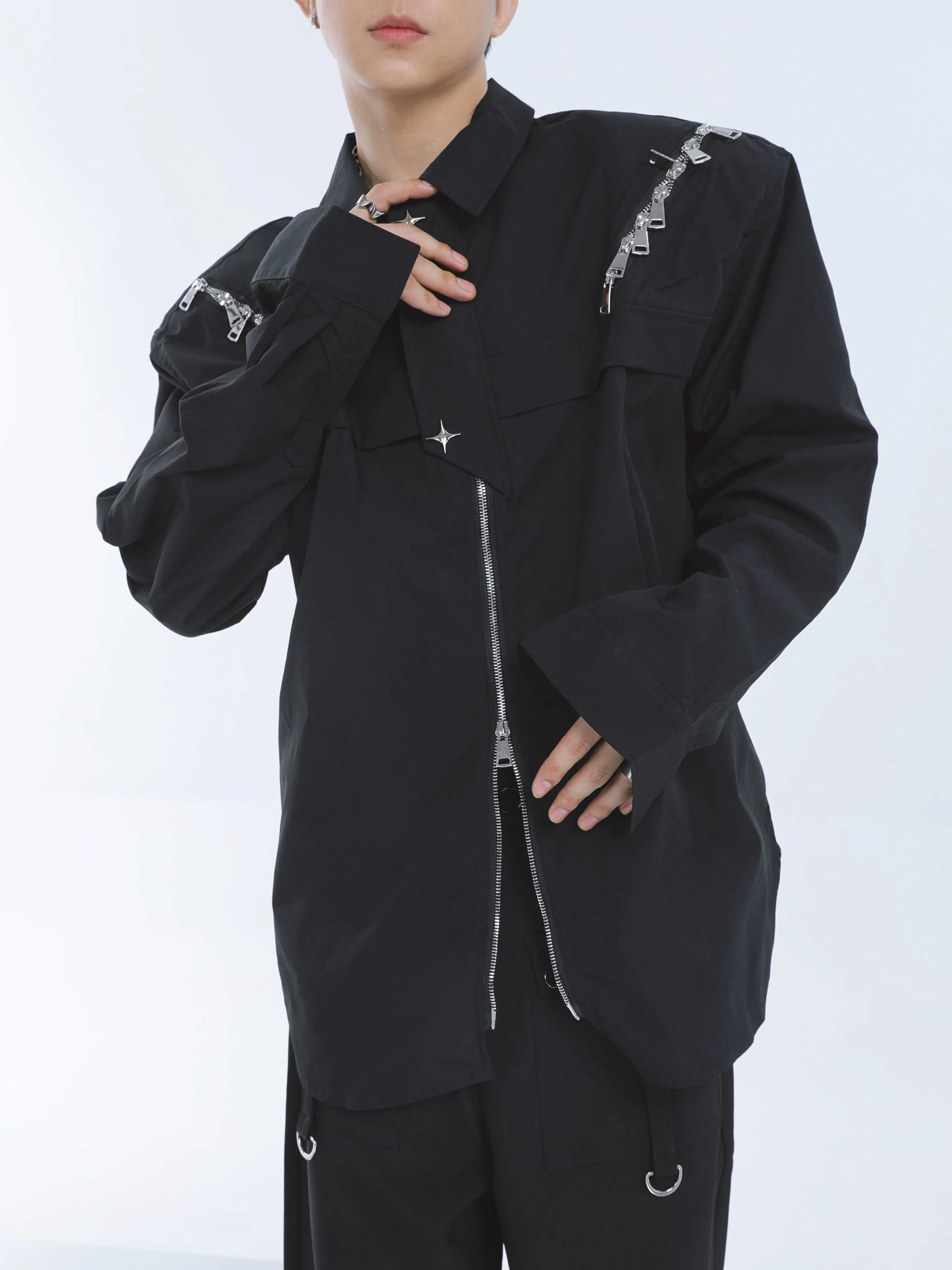 【23s September.】Shoulder Metal Double Zpper Design Shirt   Pants -M/L