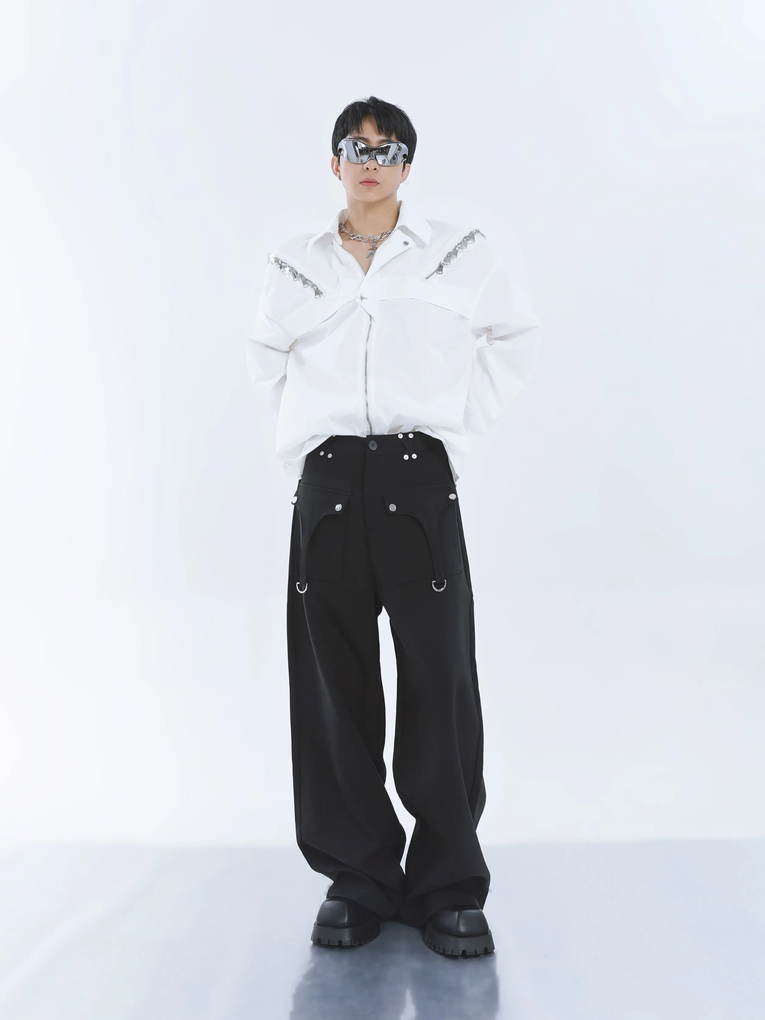 【23s September.】Shoulder Metal Double Zpper Design Shirt   Pants -M/L