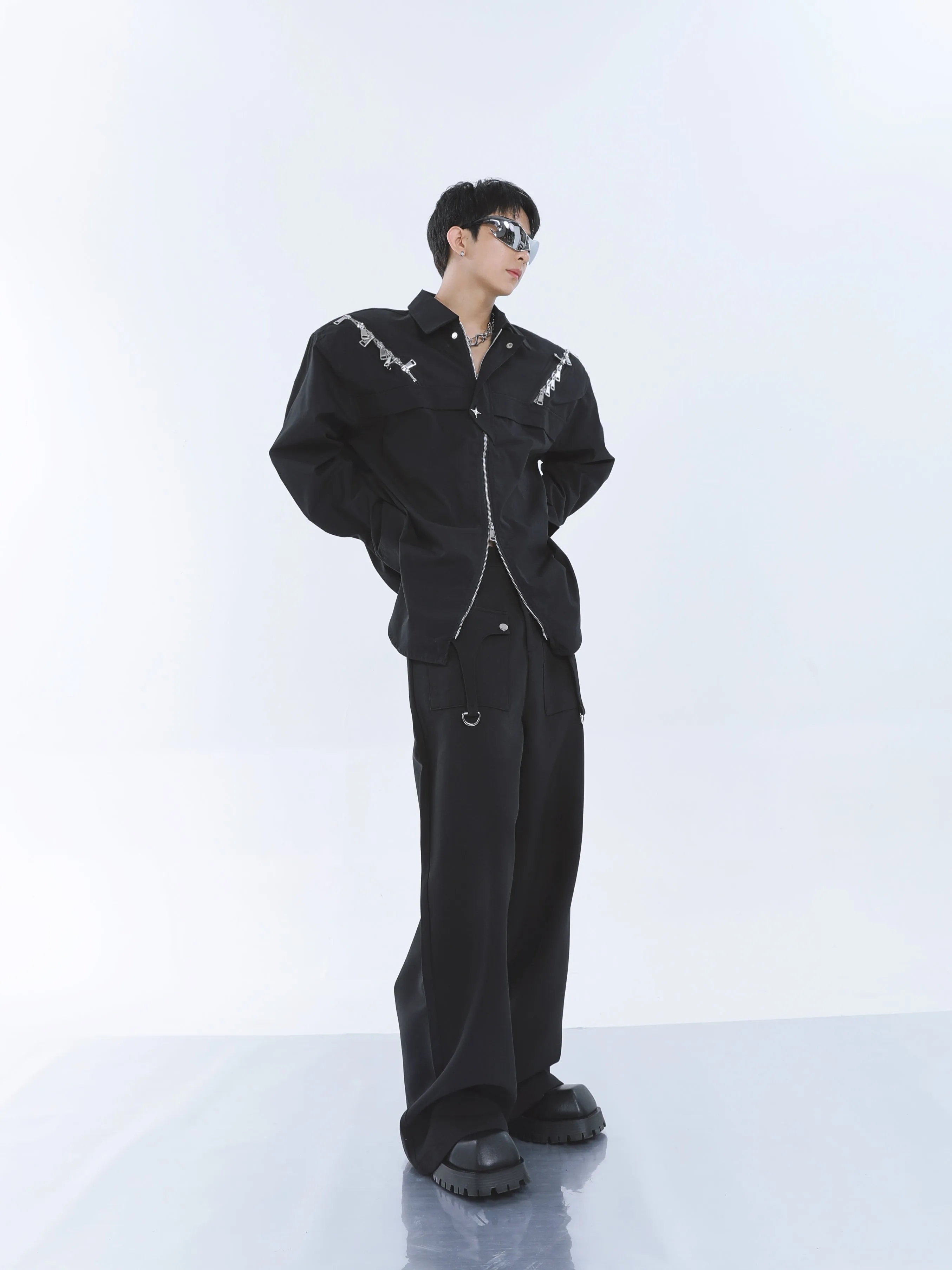 【23s September.】Shoulder Metal Double Zpper Design Shirt   Pants -M/L