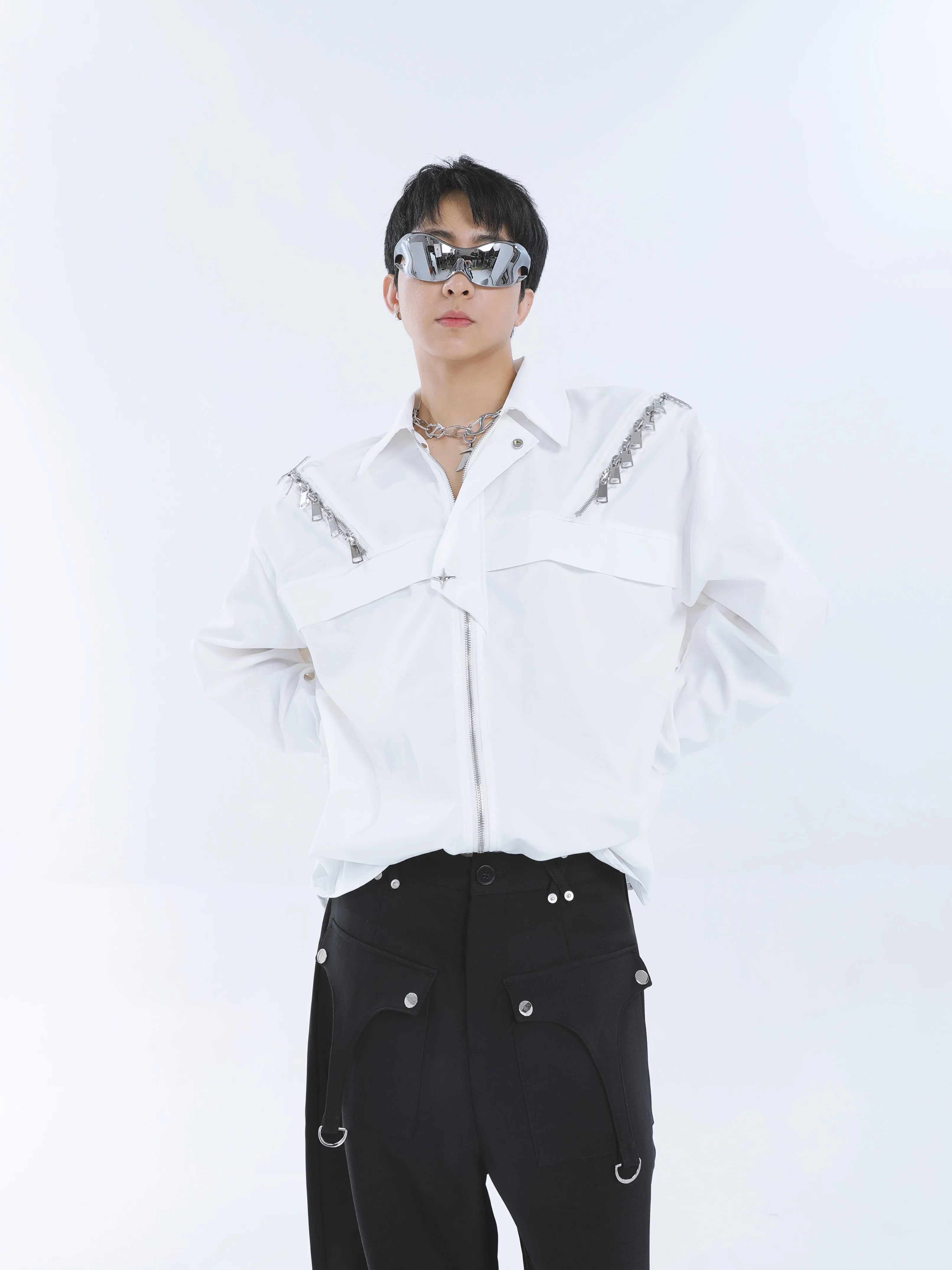 【23s September.】Shoulder Metal Double Zpper Design Shirt   Pants -M/L