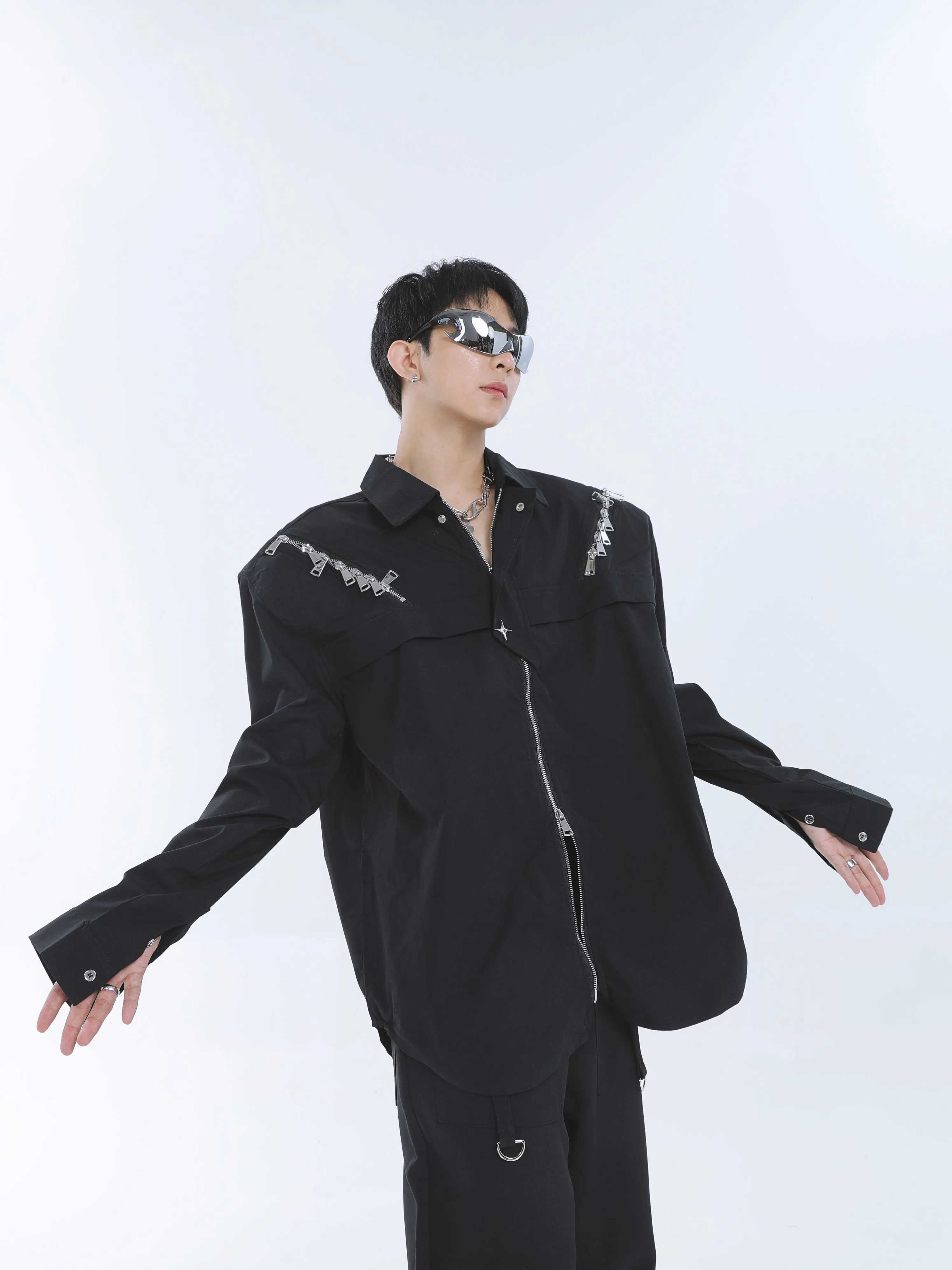 【23s September.】Shoulder Metal Double Zpper Design Shirt   Pants -M/L