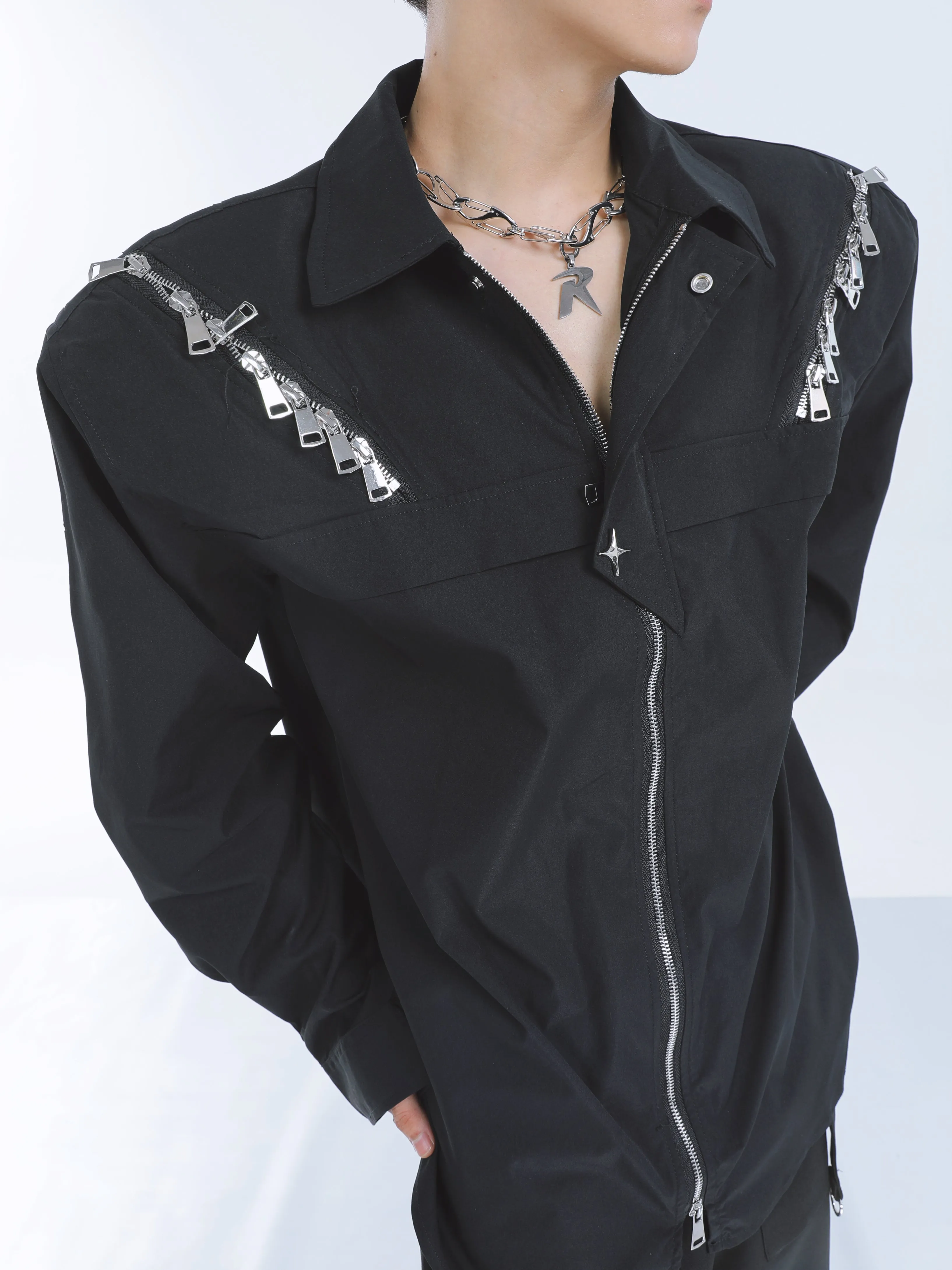 【23s September.】Shoulder Metal Double Zpper Design Shirt   Pants -M/L
