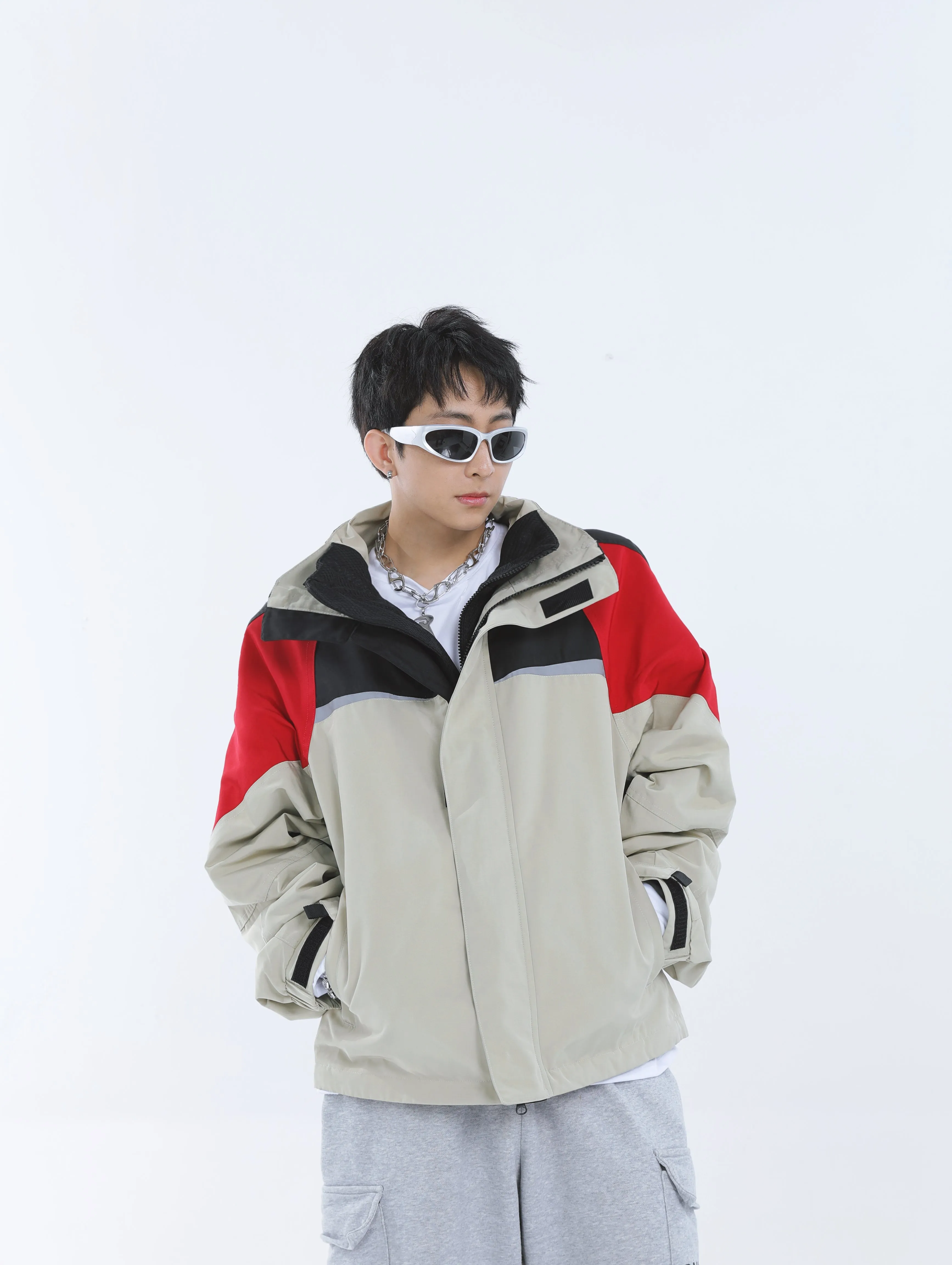 【23s September.】Workwear Retro Patchwork Design Stand Collar Jacket -L