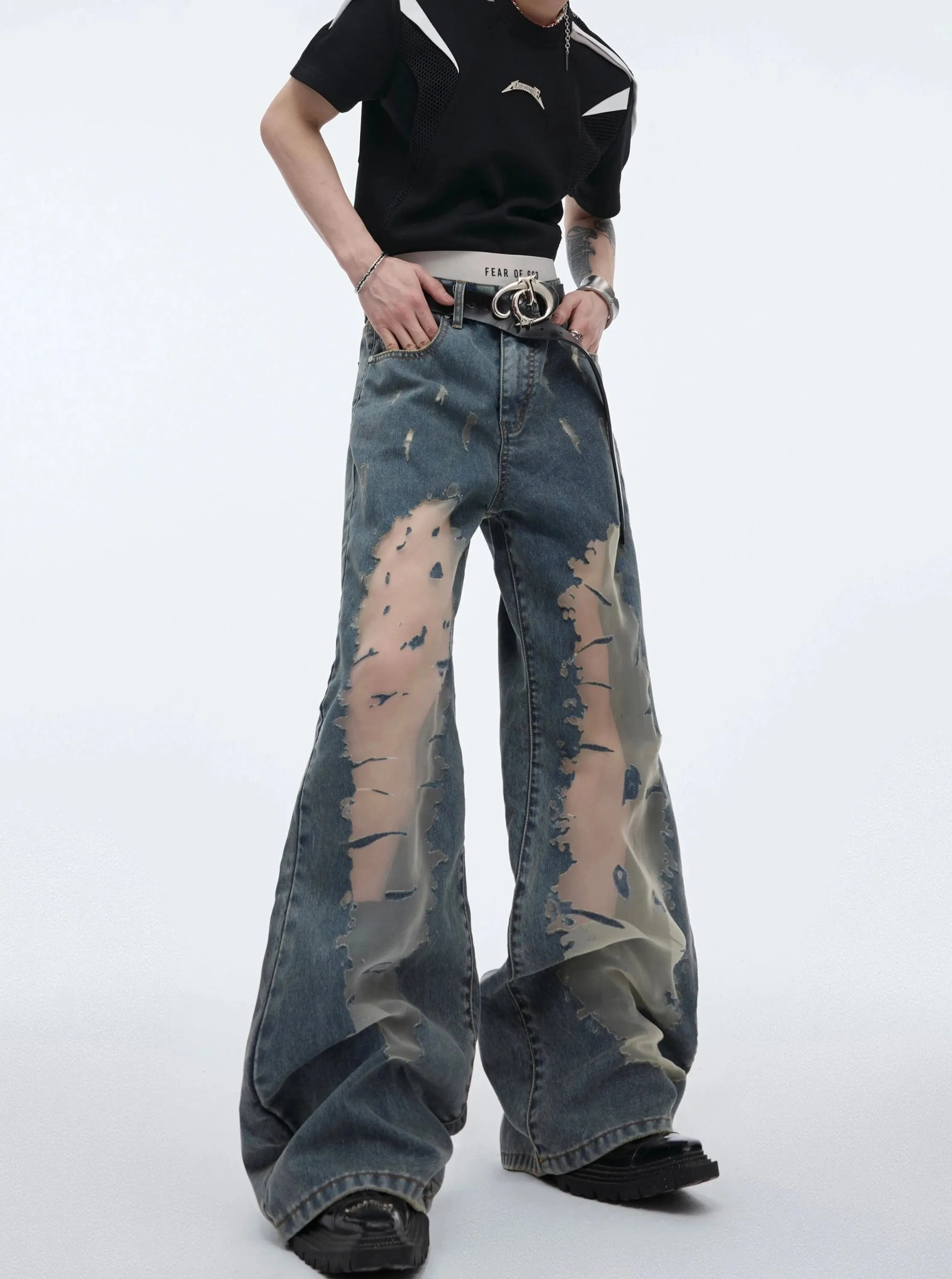 【24s April.】Mesh Hollow Retro Gradient Jeans