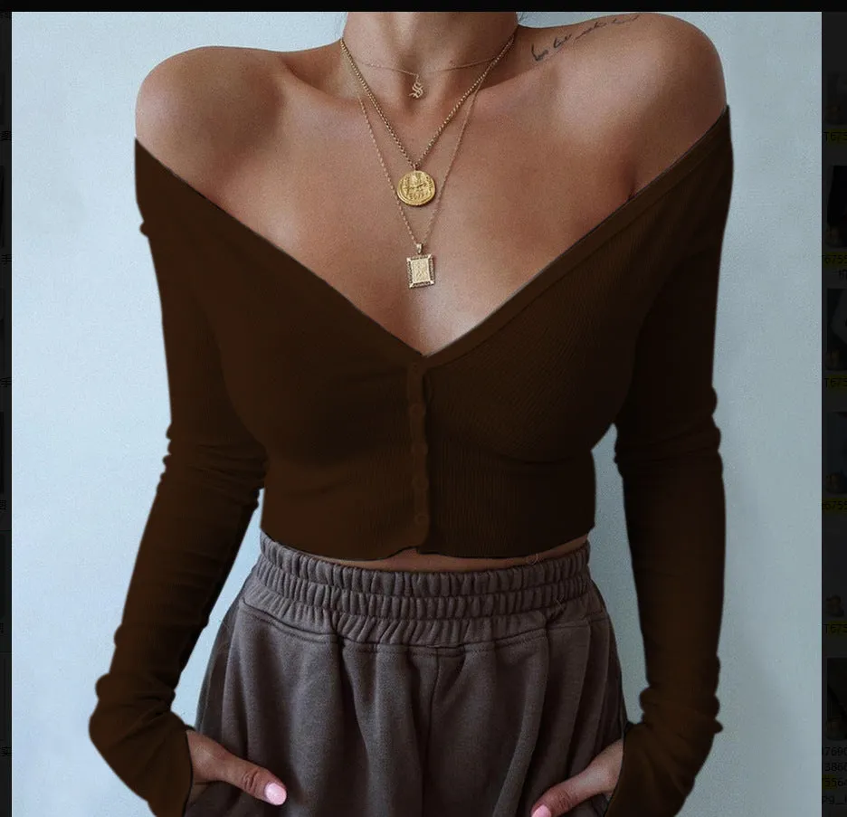 Amozae comfy school outfits Spring New Women's Sexy Solid Color V-neck Knitted Top T-shirt for Women