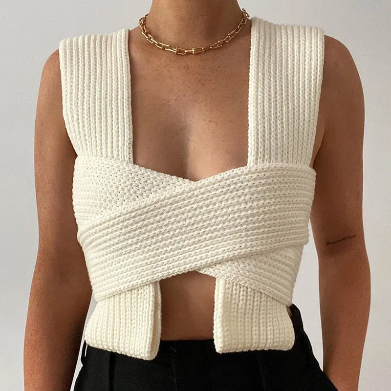 Amozae Green Bandage Knit Top Women Summer Sleeveless Off Shoulder Knitted Crop Top   Black White Tank Top Streetwear Vest