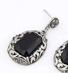 Antiqued Milgrain Silver and Black Faceted Crystal Drop Earrings