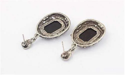 Antiqued Milgrain Silver and Black Faceted Crystal Drop Earrings