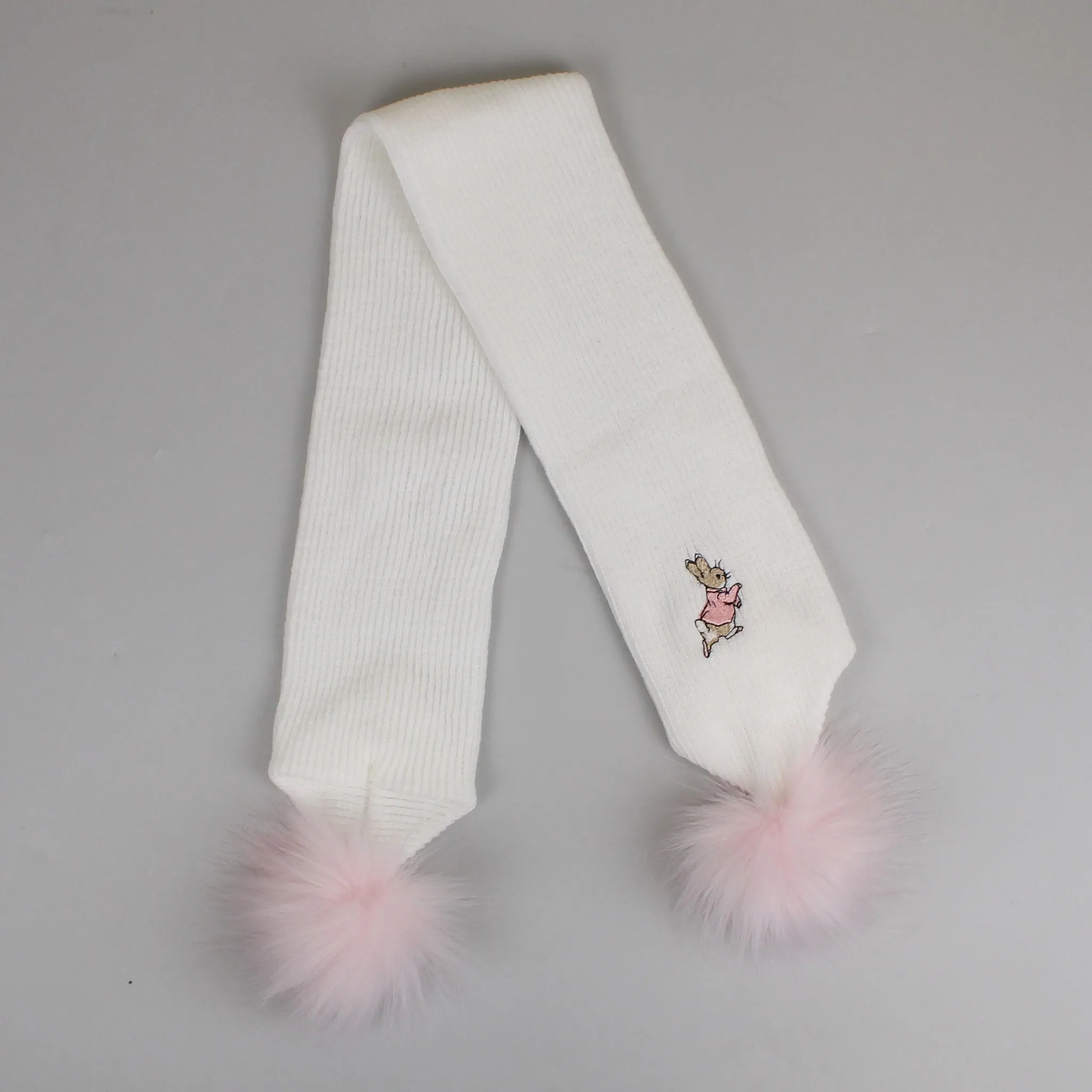 Baby Girls Pom Scarf With Rabbit - White