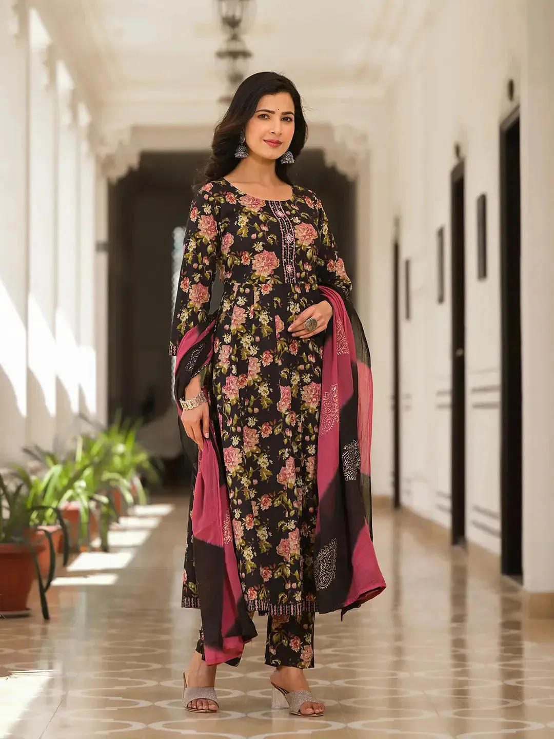 Black Floral Print Zari Work Anarkali Kurta Trouser With Dupatta Set