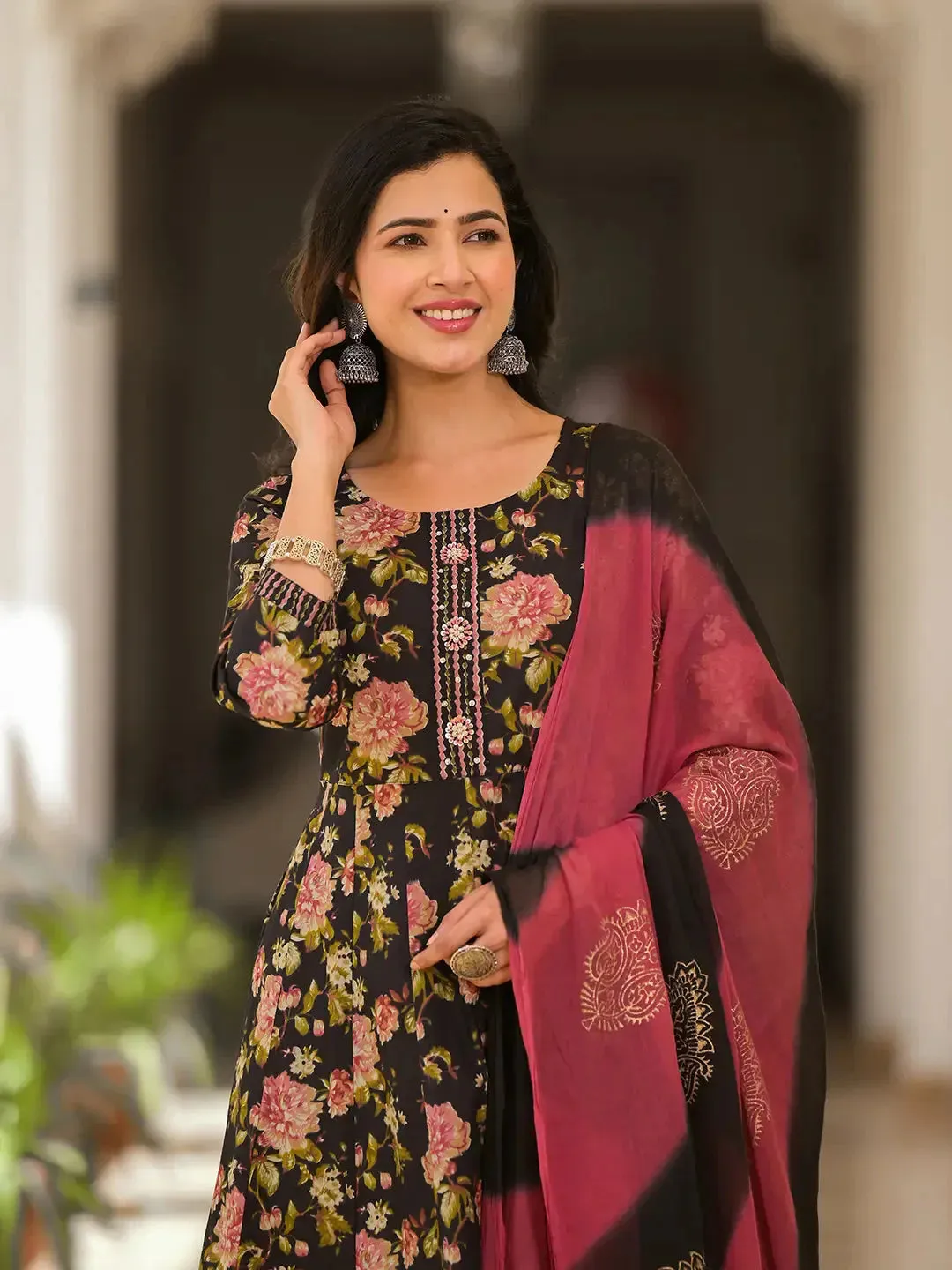 Black Floral Print Zari Work Anarkali Kurta Trouser With Dupatta Set