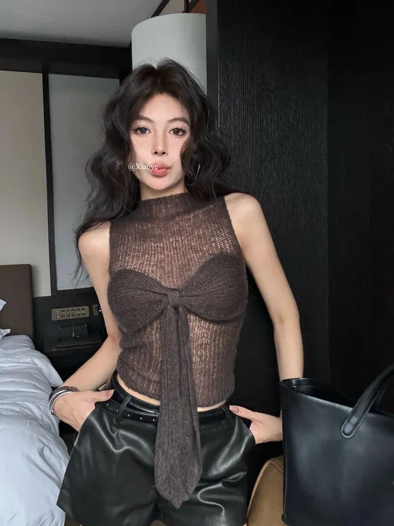 Black Friday Joskaa Y2k Sweater Vest with Bow Half High Collar Jumpers Sexy Slim Sleeveless Knitted Underwear Korean Fashion Autumn Winter