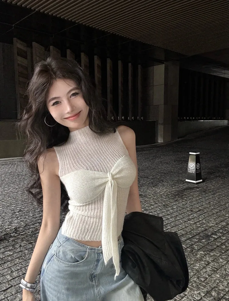 Black Friday Joskaa Y2k Sweater Vest with Bow Half High Collar Jumpers Sexy Slim Sleeveless Knitted Underwear Korean Fashion Autumn Winter