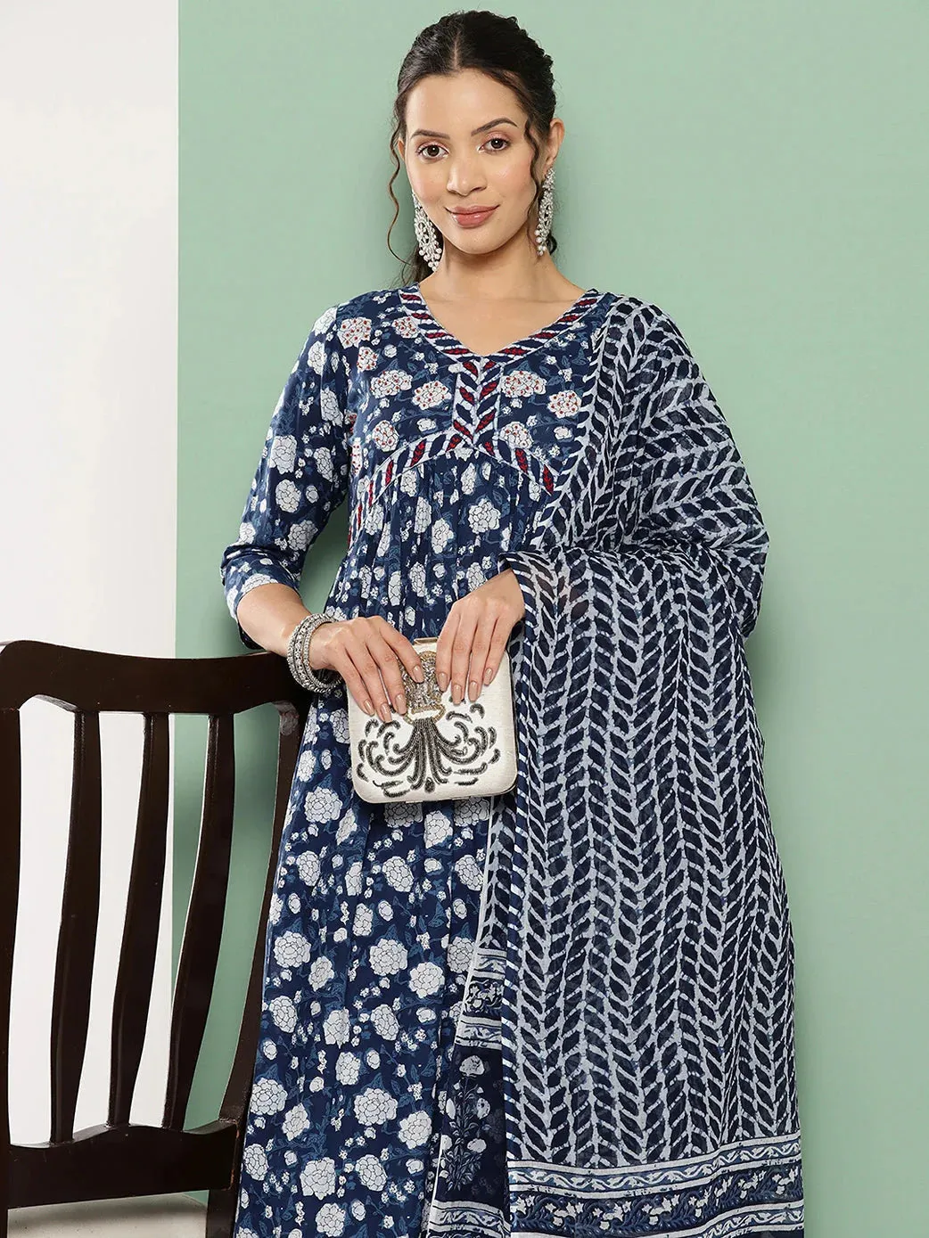 Blue Floral Print Anarkali Shape Kurta With Trousers & With Dupatta
