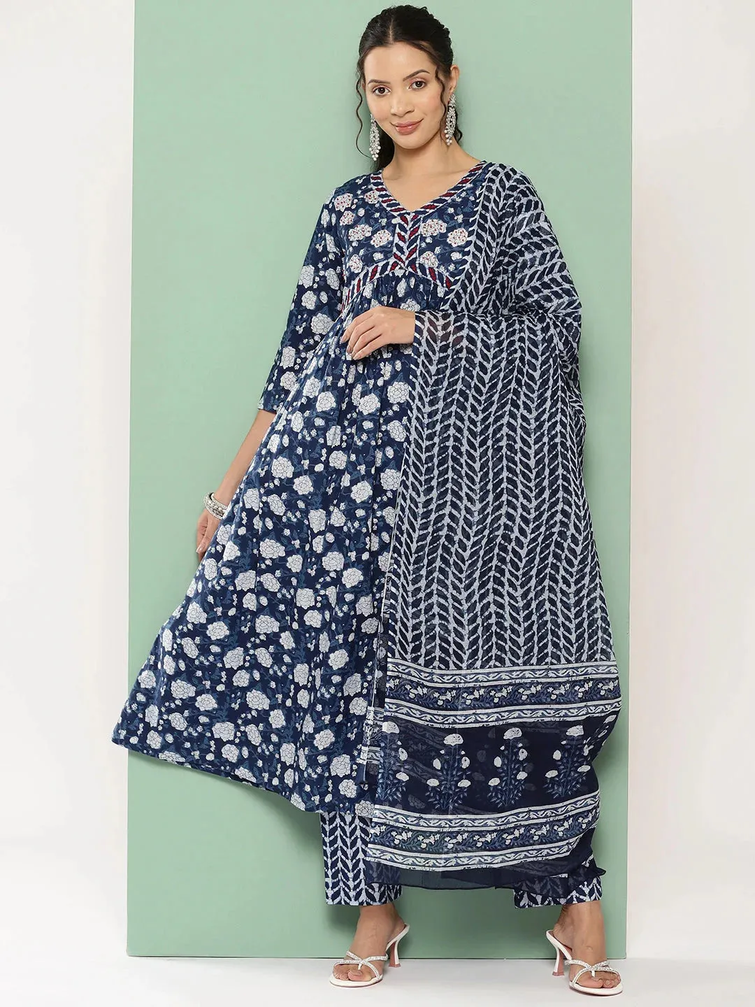 Blue Floral Print Anarkali Shape Kurta With Trousers & With Dupatta
