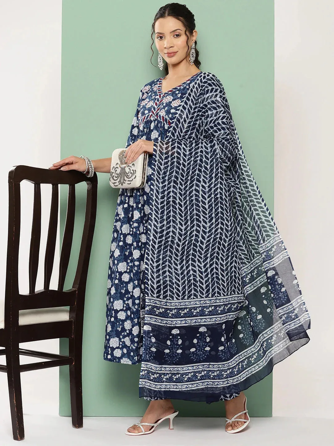 Blue Floral Print Anarkali Shape Kurta With Trousers & With Dupatta