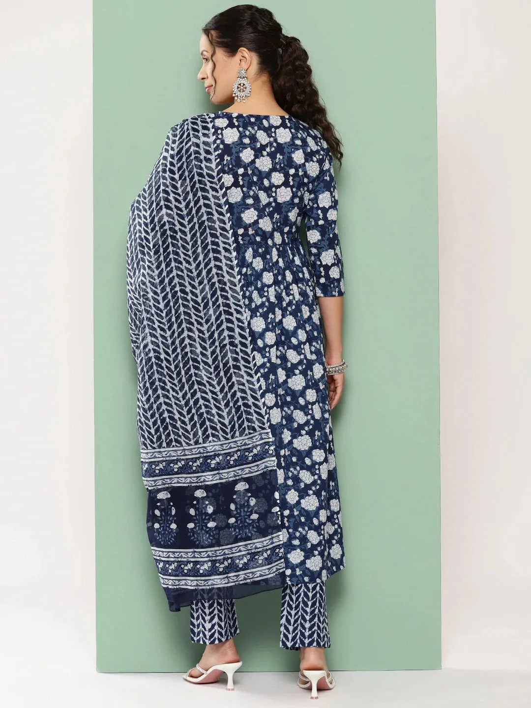 Blue Floral Print Anarkali Shape Kurta With Trousers & With Dupatta