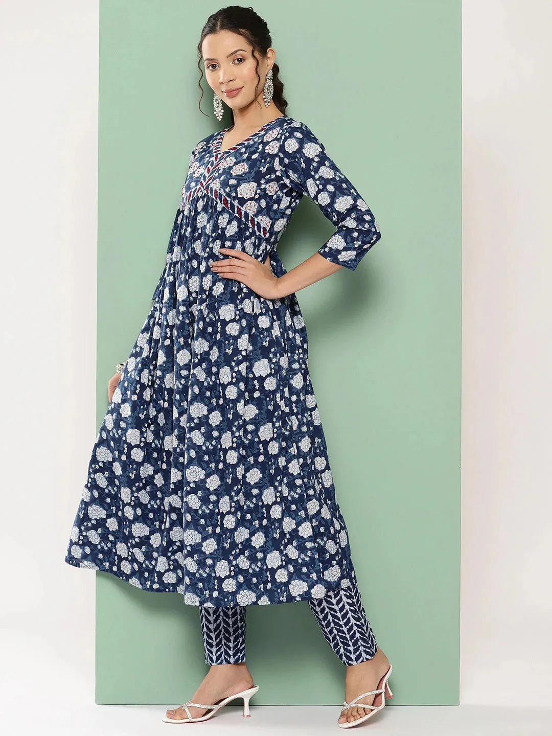 Blue Floral Print Anarkali Shape Kurta With Trousers & With Dupatta