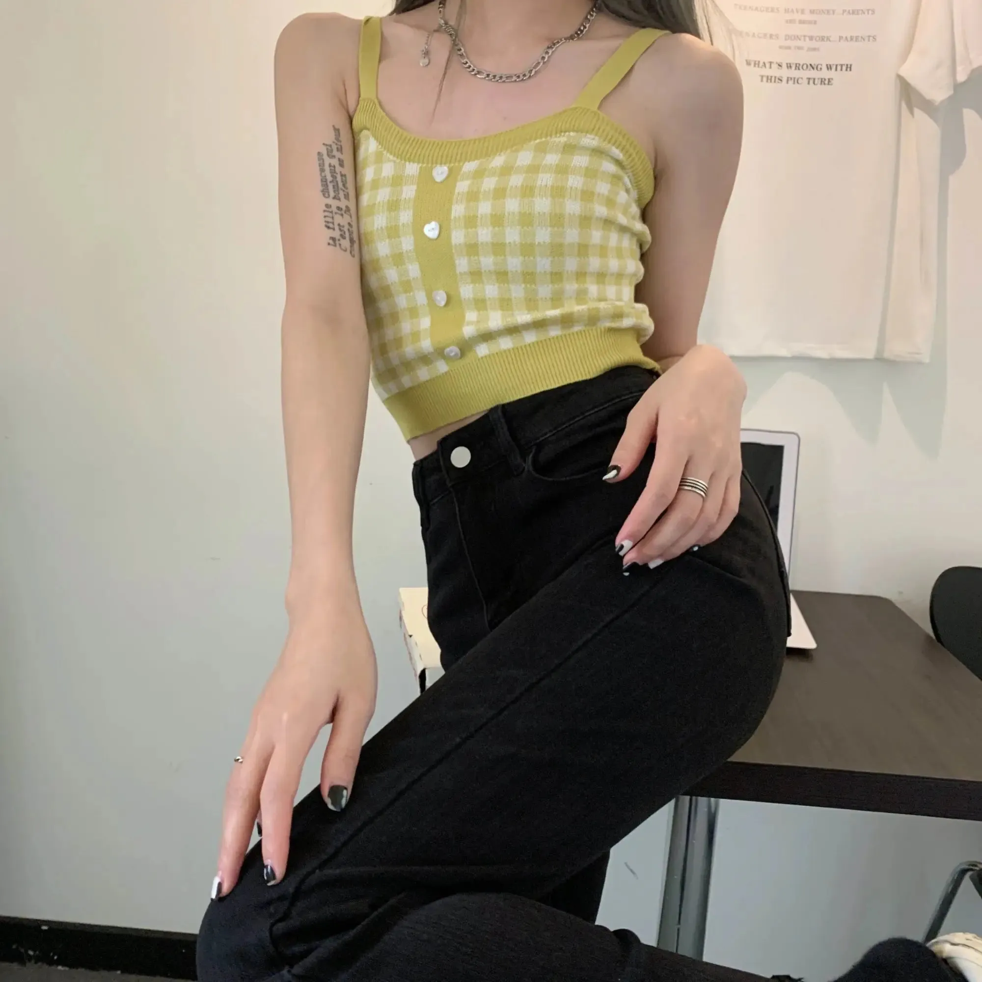 Bonnyshow  Plaid Button Tank Tops Spaghetti Strap Women Summer Fashion 2023 Y2K Cute Korean Knitted Tight Sleeveless Vest Crop Top Female