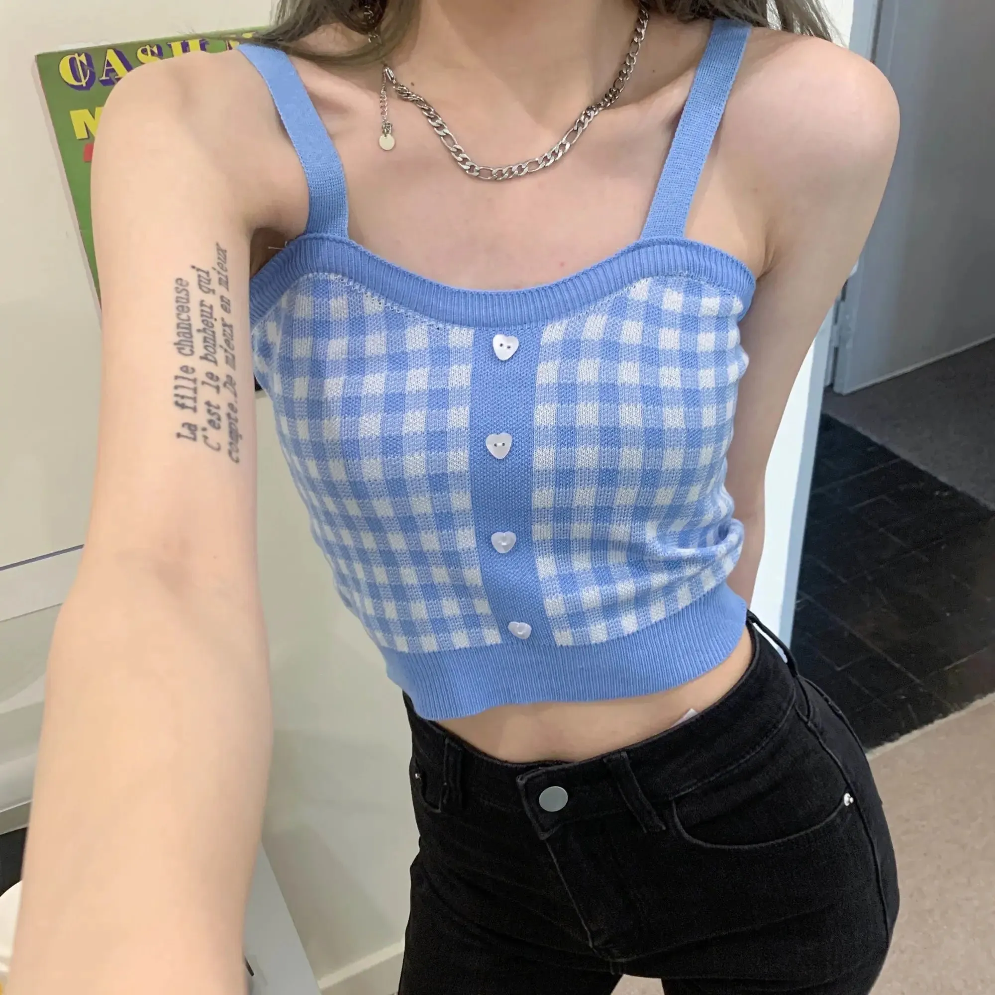 Bonnyshow  Plaid Button Tank Tops Spaghetti Strap Women Summer Fashion 2023 Y2K Cute Korean Knitted Tight Sleeveless Vest Crop Top Female