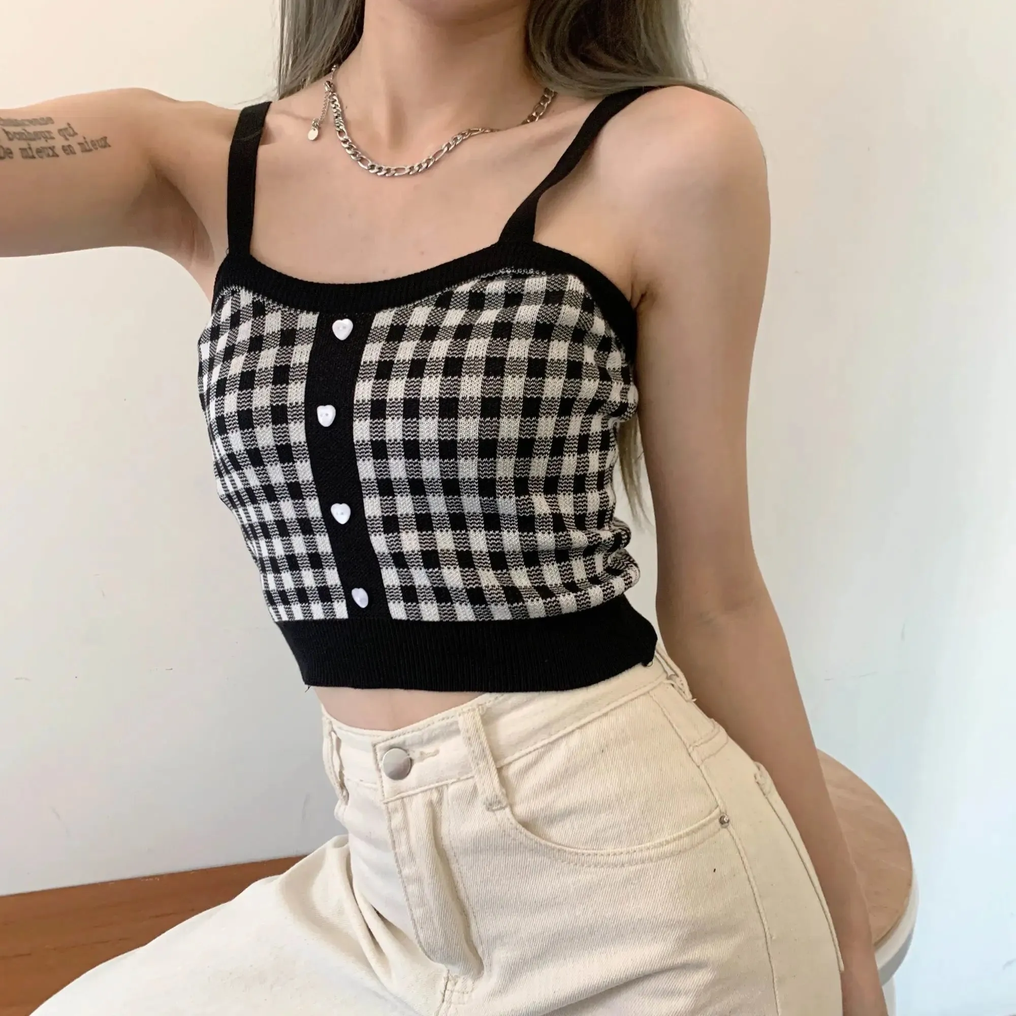 Bonnyshow  Plaid Button Tank Tops Spaghetti Strap Women Summer Fashion 2023 Y2K Cute Korean Knitted Tight Sleeveless Vest Crop Top Female