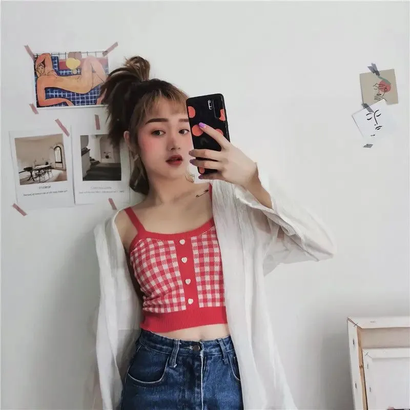 Bonnyshow  Plaid Button Tank Tops Spaghetti Strap Women Summer Fashion 2023 Y2K Cute Korean Knitted Tight Sleeveless Vest Crop Top Female