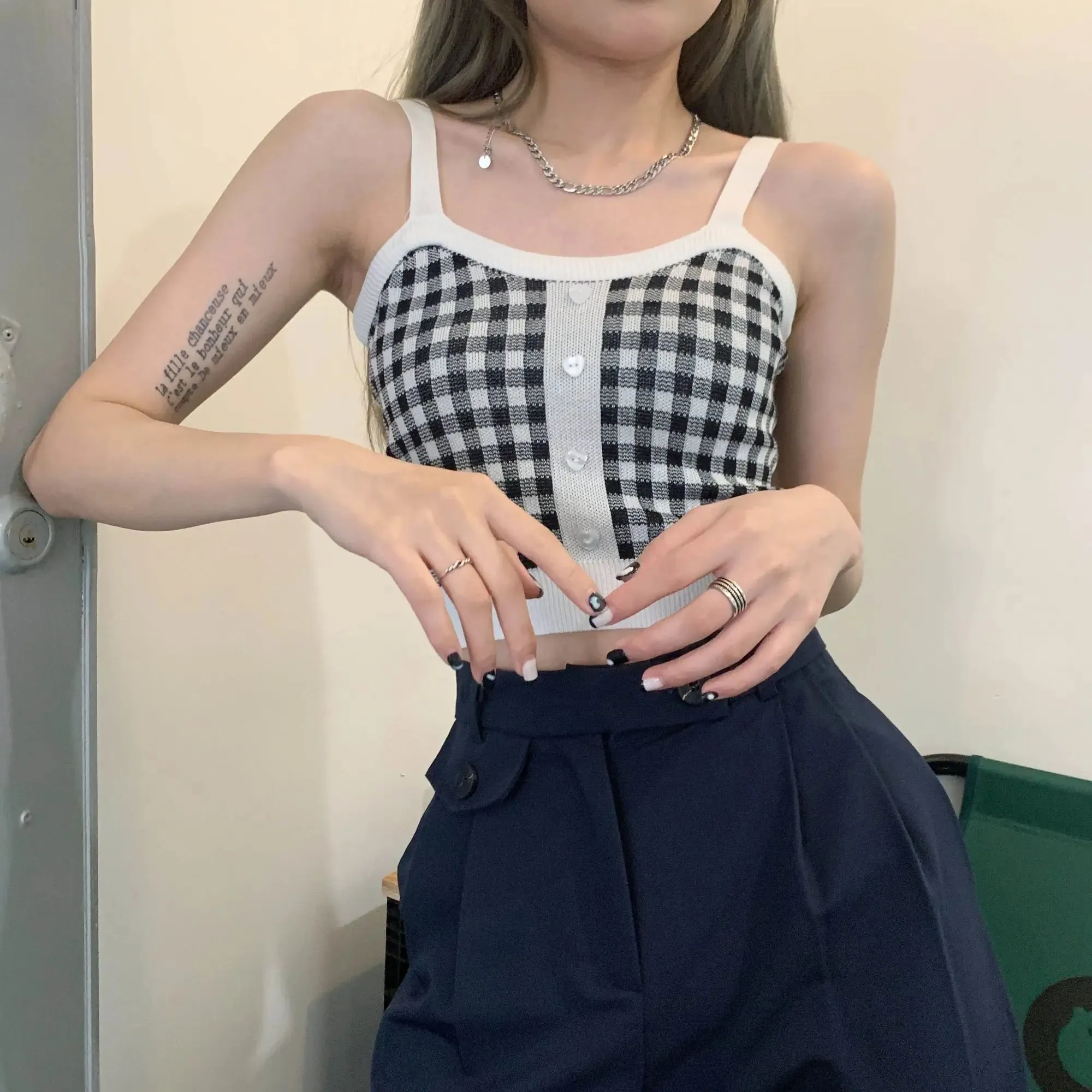 Bonnyshow  Plaid Button Tank Tops Spaghetti Strap Women Summer Fashion 2023 Y2K Cute Korean Knitted Tight Sleeveless Vest Crop Top Female