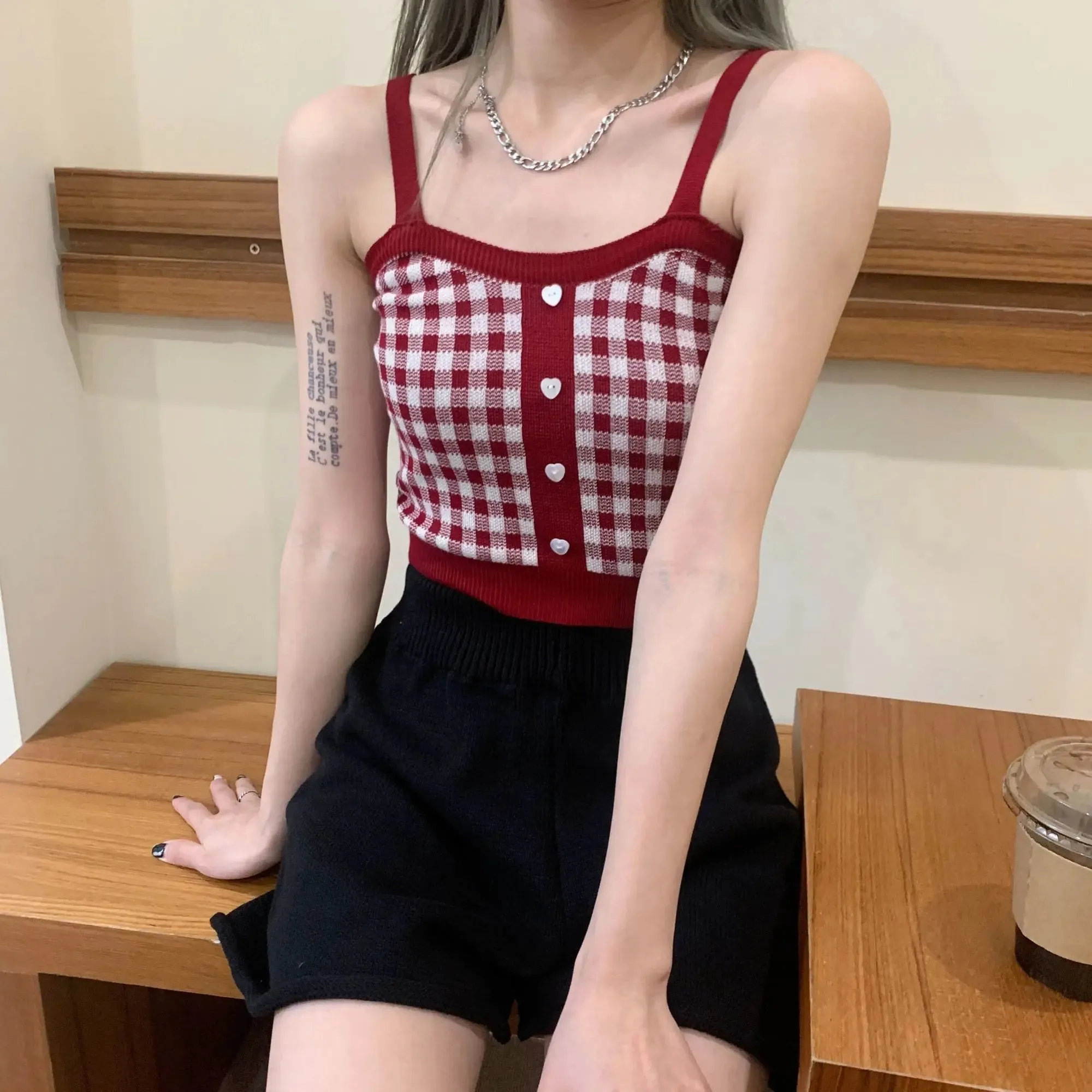 Bonnyshow  Plaid Button Tank Tops Spaghetti Strap Women Summer Fashion 2023 Y2K Cute Korean Knitted Tight Sleeveless Vest Crop Top Female