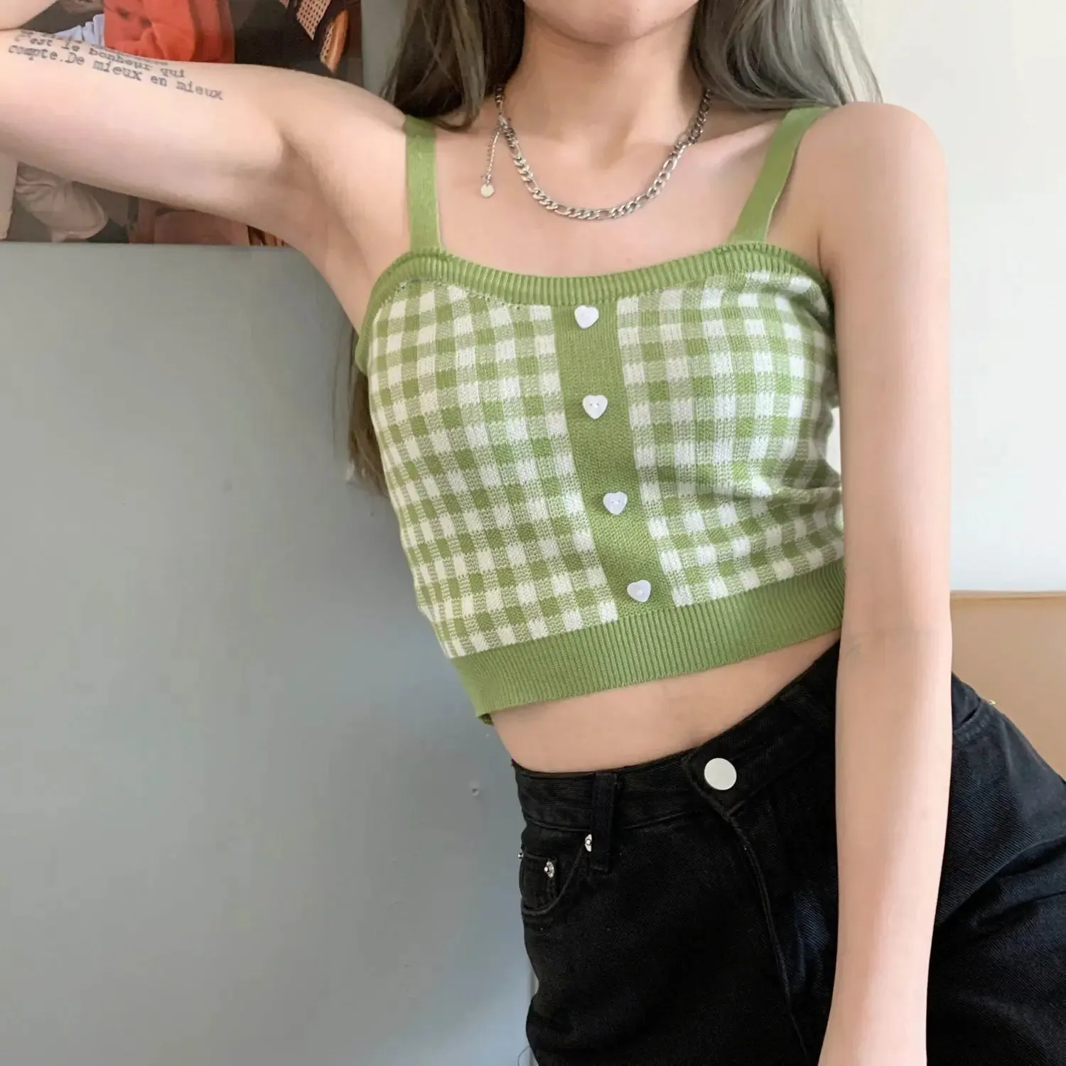 Bonnyshow  Plaid Button Tank Tops Spaghetti Strap Women Summer Fashion 2023 Y2K Cute Korean Knitted Tight Sleeveless Vest Crop Top Female