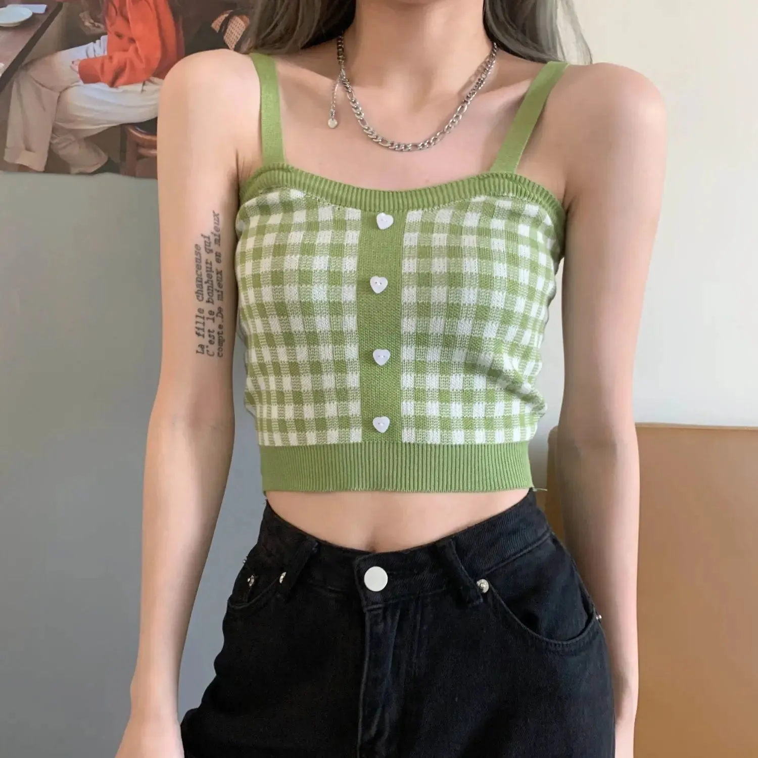 Bonnyshow  Plaid Button Tank Tops Spaghetti Strap Women Summer Fashion 2023 Y2K Cute Korean Knitted Tight Sleeveless Vest Crop Top Female