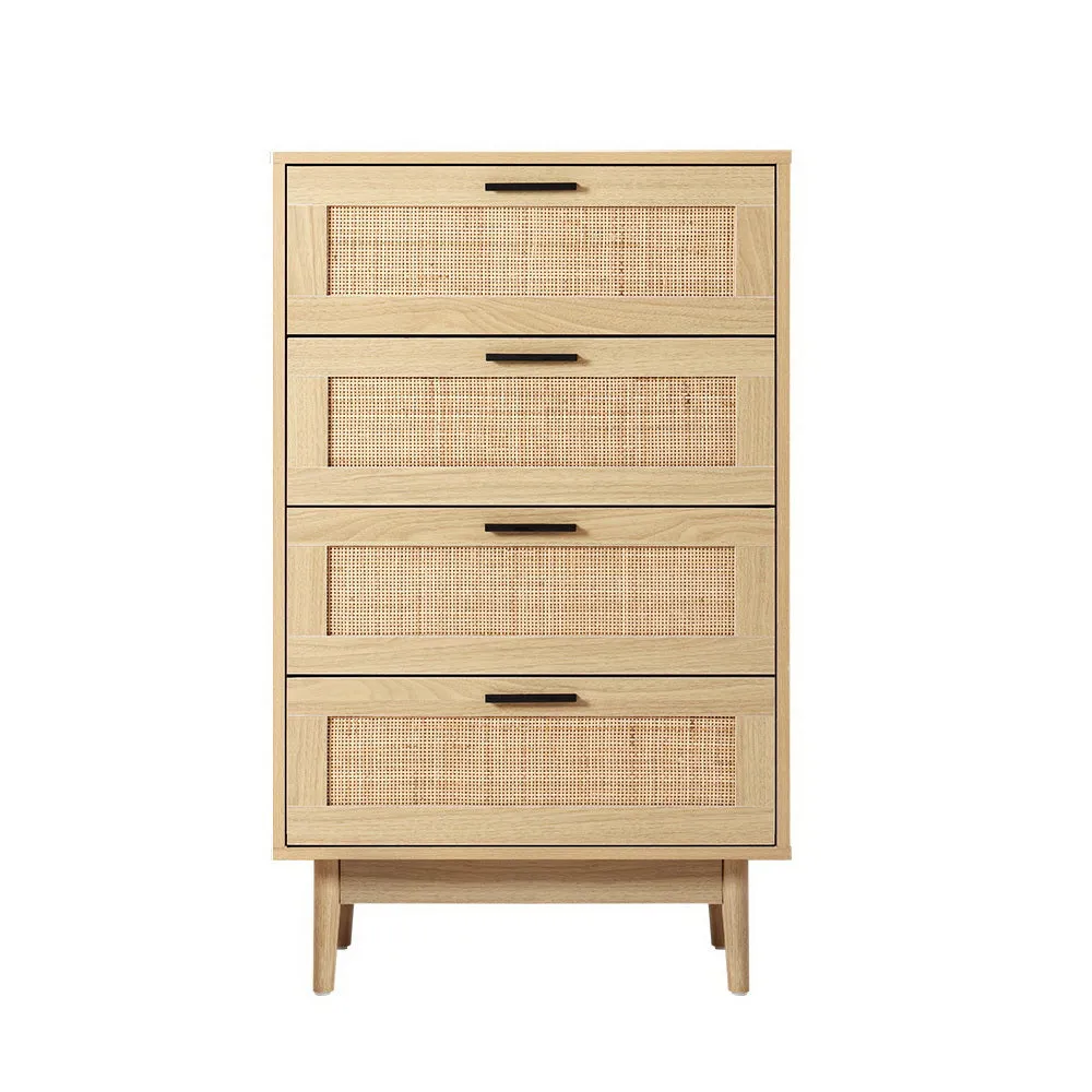 Coastal Boho Rattan 4-Drawer Tallboy with Solid Wood Legs, Artiss