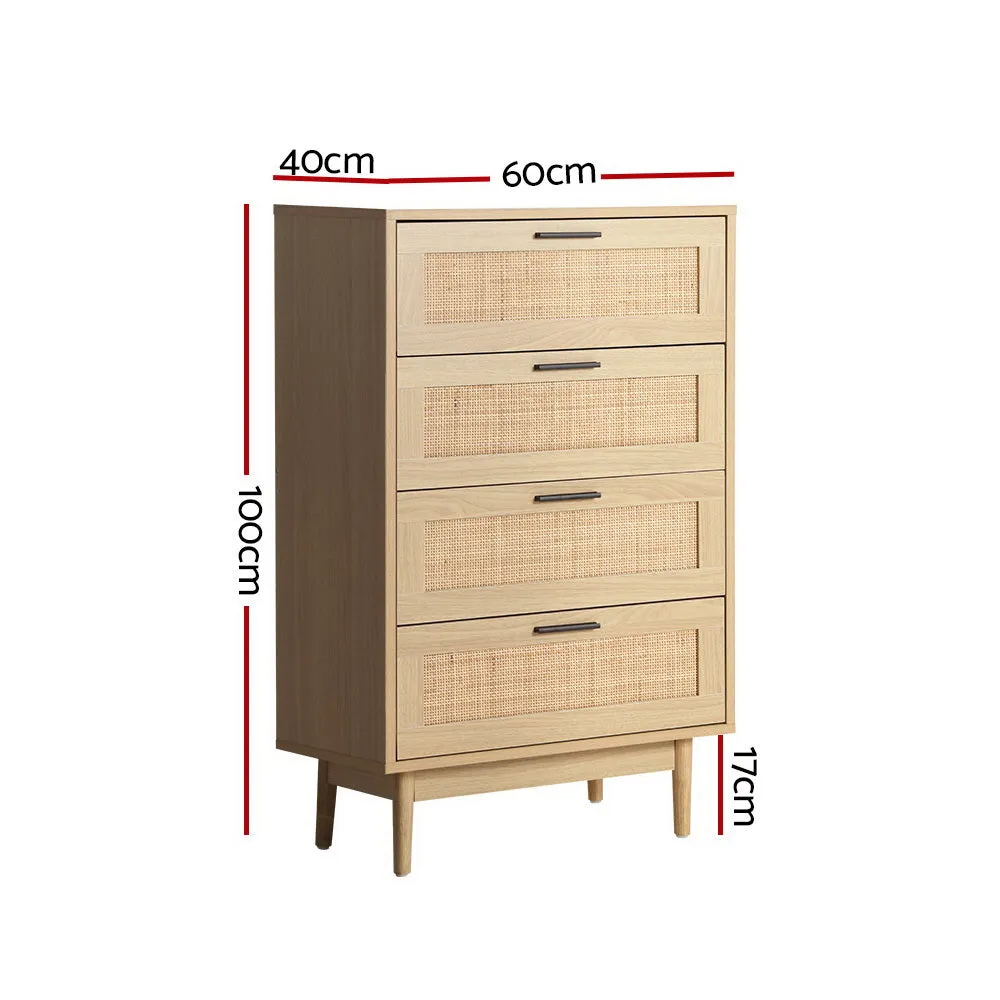 Coastal Boho Rattan 4-Drawer Tallboy with Solid Wood Legs, Artiss