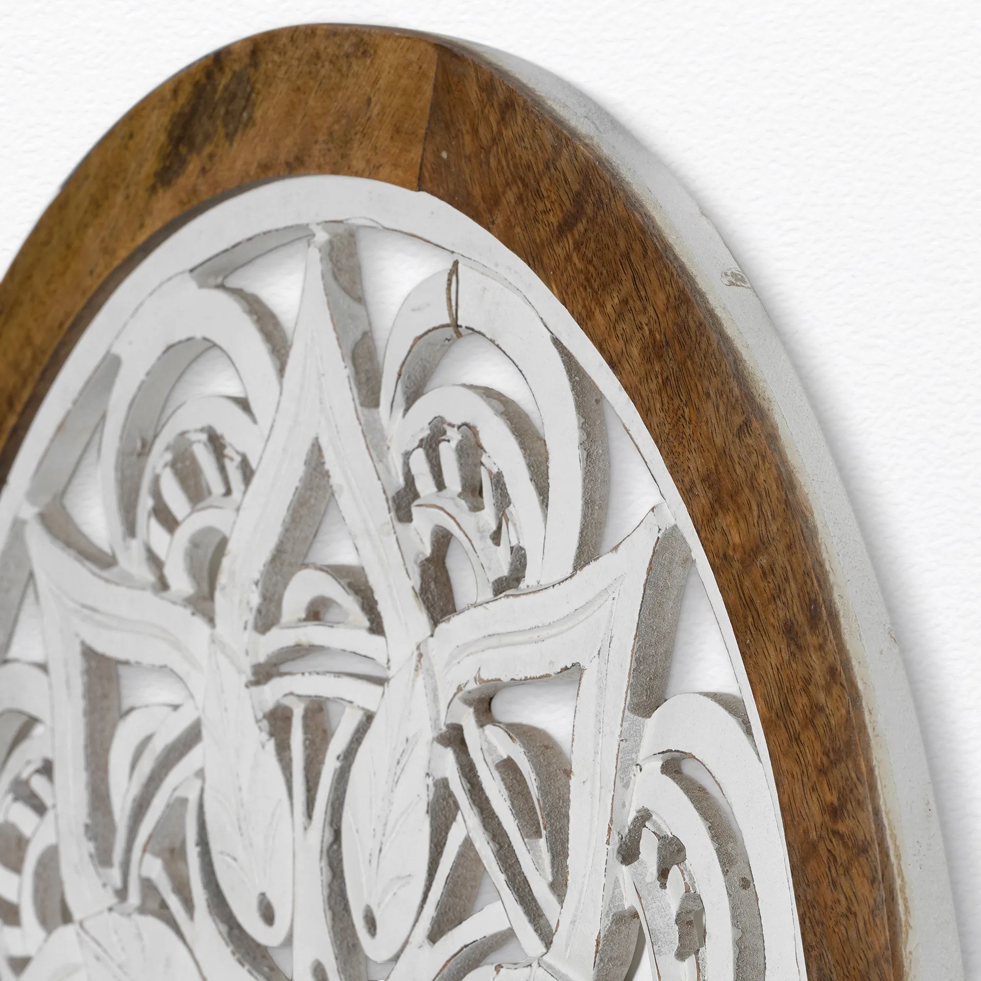 Distressed Wood Framed Round White Floral Wall Accent Medallion - 24"