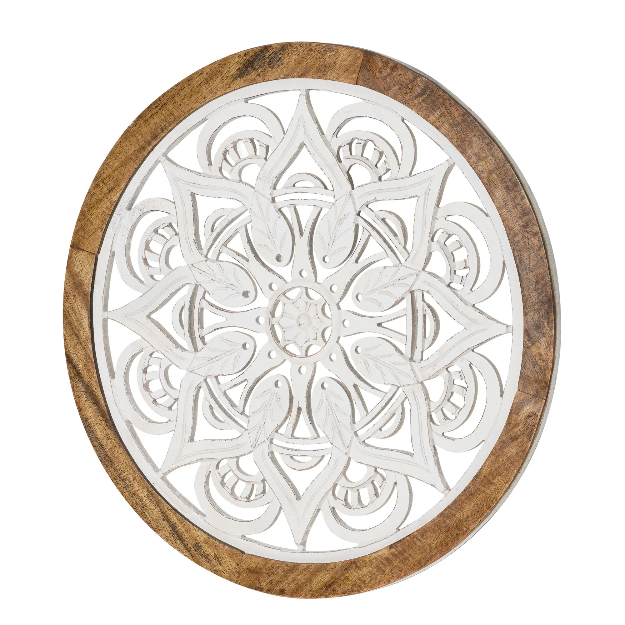 Distressed Wood Framed Round White Floral Wall Accent Medallion - 24"