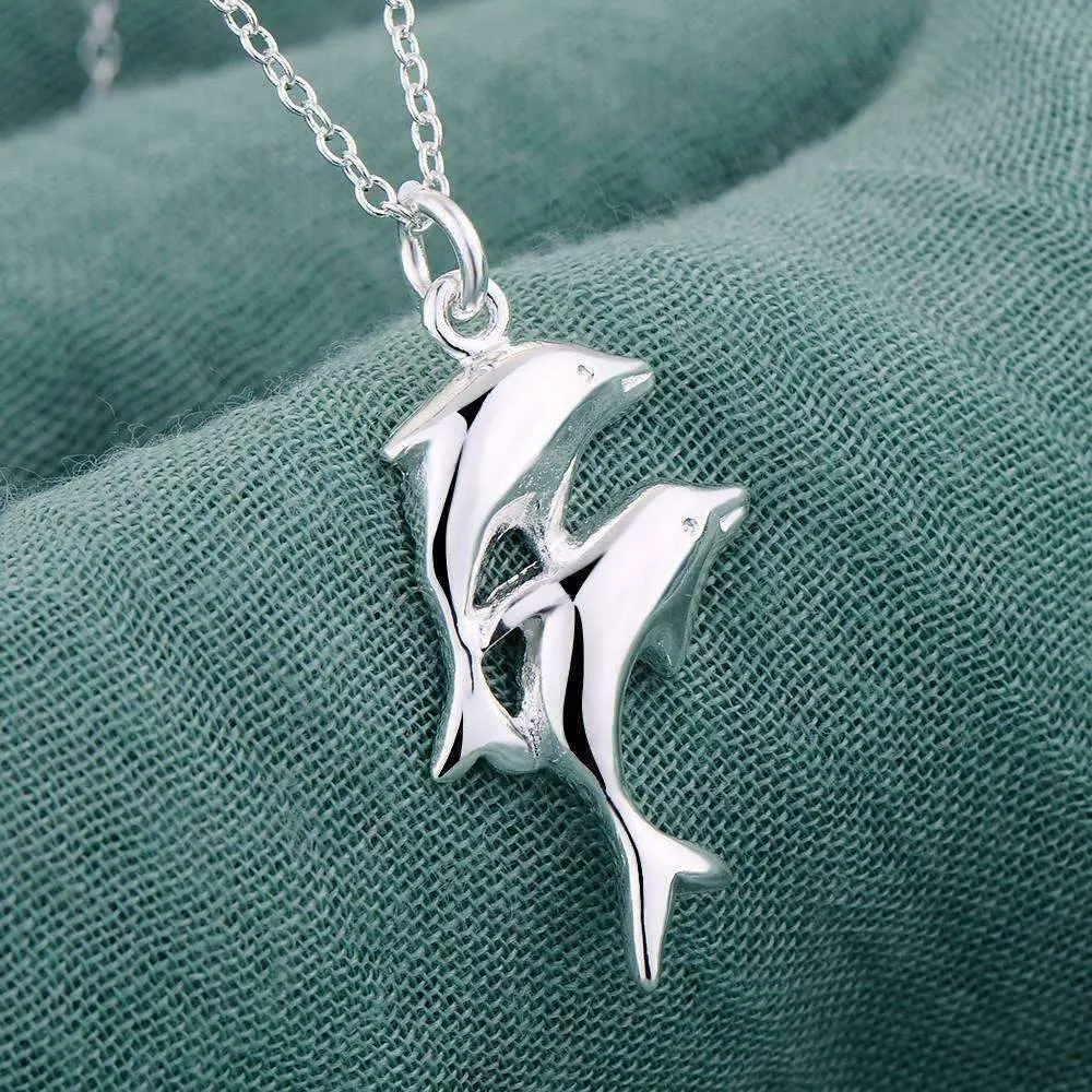Double Dolphin Silver Necklace for Women