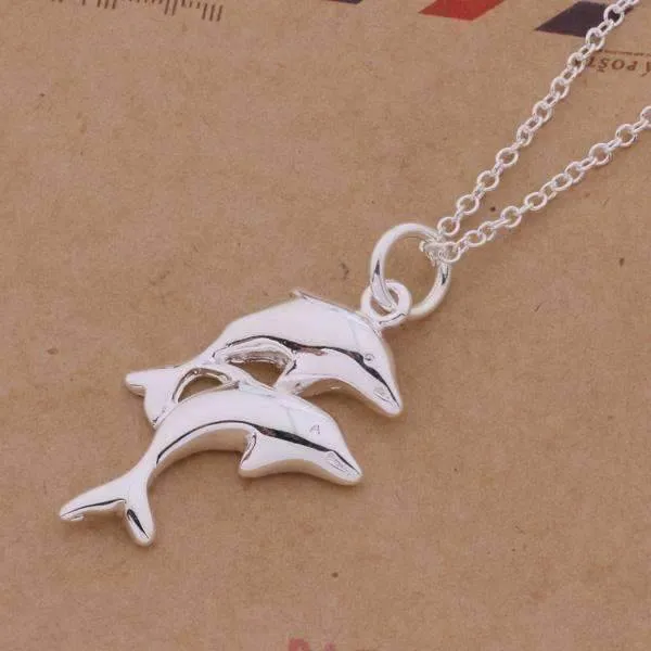 Double Dolphin Silver Necklace for Women