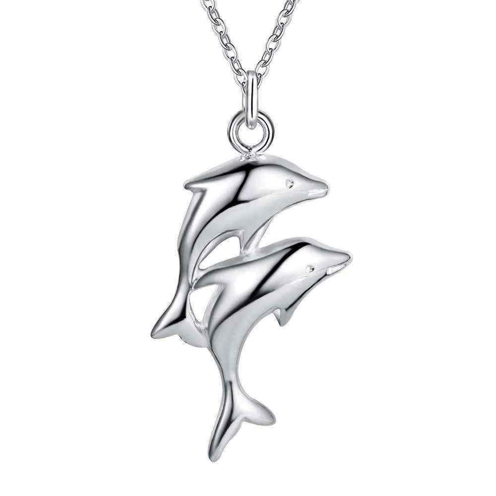 Double Dolphin Silver Necklace for Women