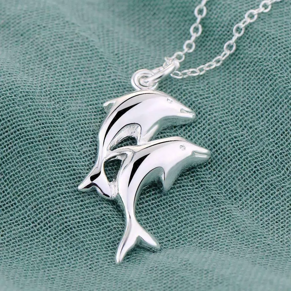 Double Dolphin Silver Necklace for Women