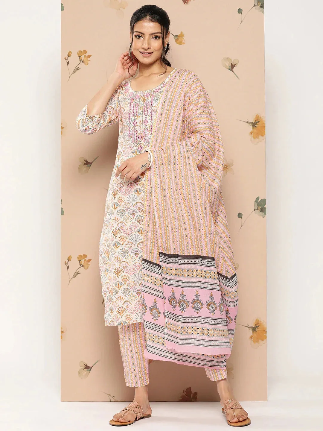 Embroidered Cotton Kurta Dupatta Set