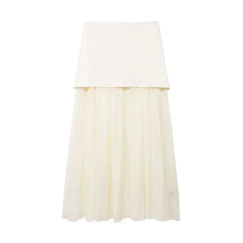 Girlary Knitted Pleats Patchwork Skirts Sets For Women 2 Pieces 2024 Summer Button V-neck Vest Top Ankle-Length Skirt Lady Street Outfit