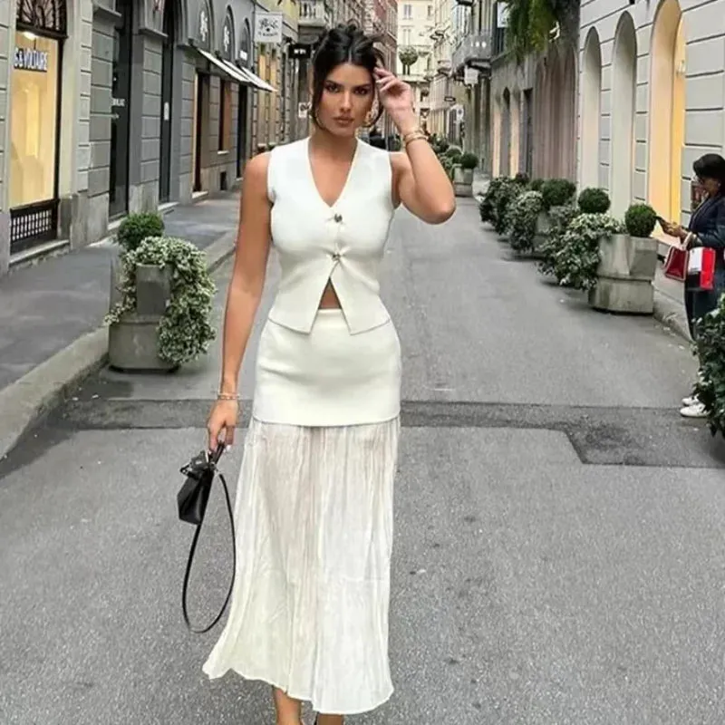 Girlary Knitted Pleats Patchwork Skirts Sets For Women 2 Pieces 2024 Summer Button V-neck Vest Top Ankle-Length Skirt Lady Street Outfit