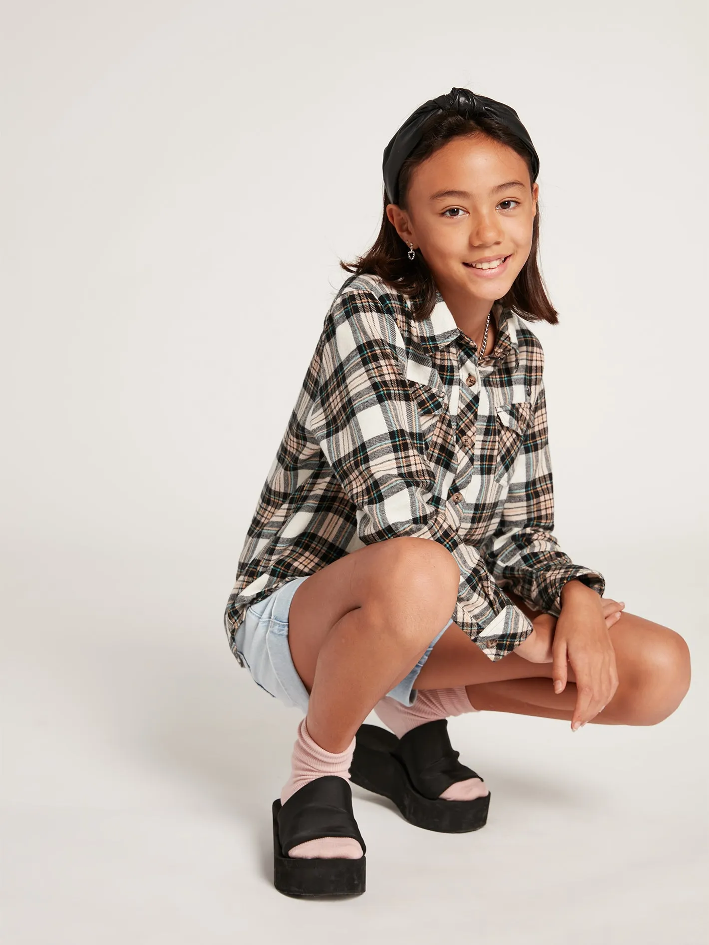 Girls Getting Rad Plaid Long Sleeve Flannel - Mushroom