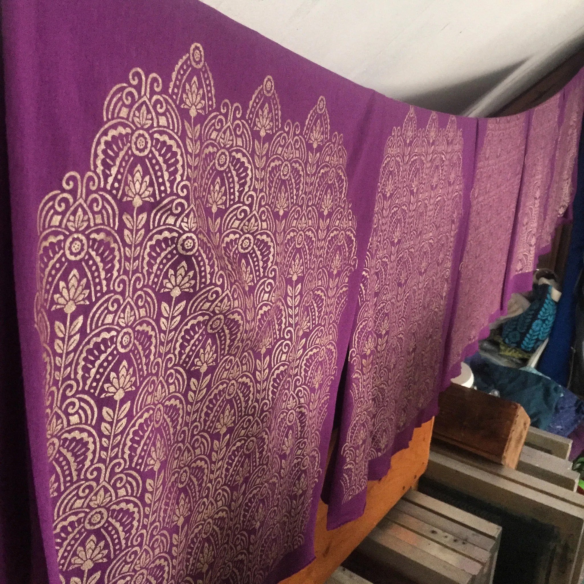 Hand-Printed Scarf - Purple and Gold Deco Pattern - Handmade Scarf - Eco-Friendly Bamboo Scarf