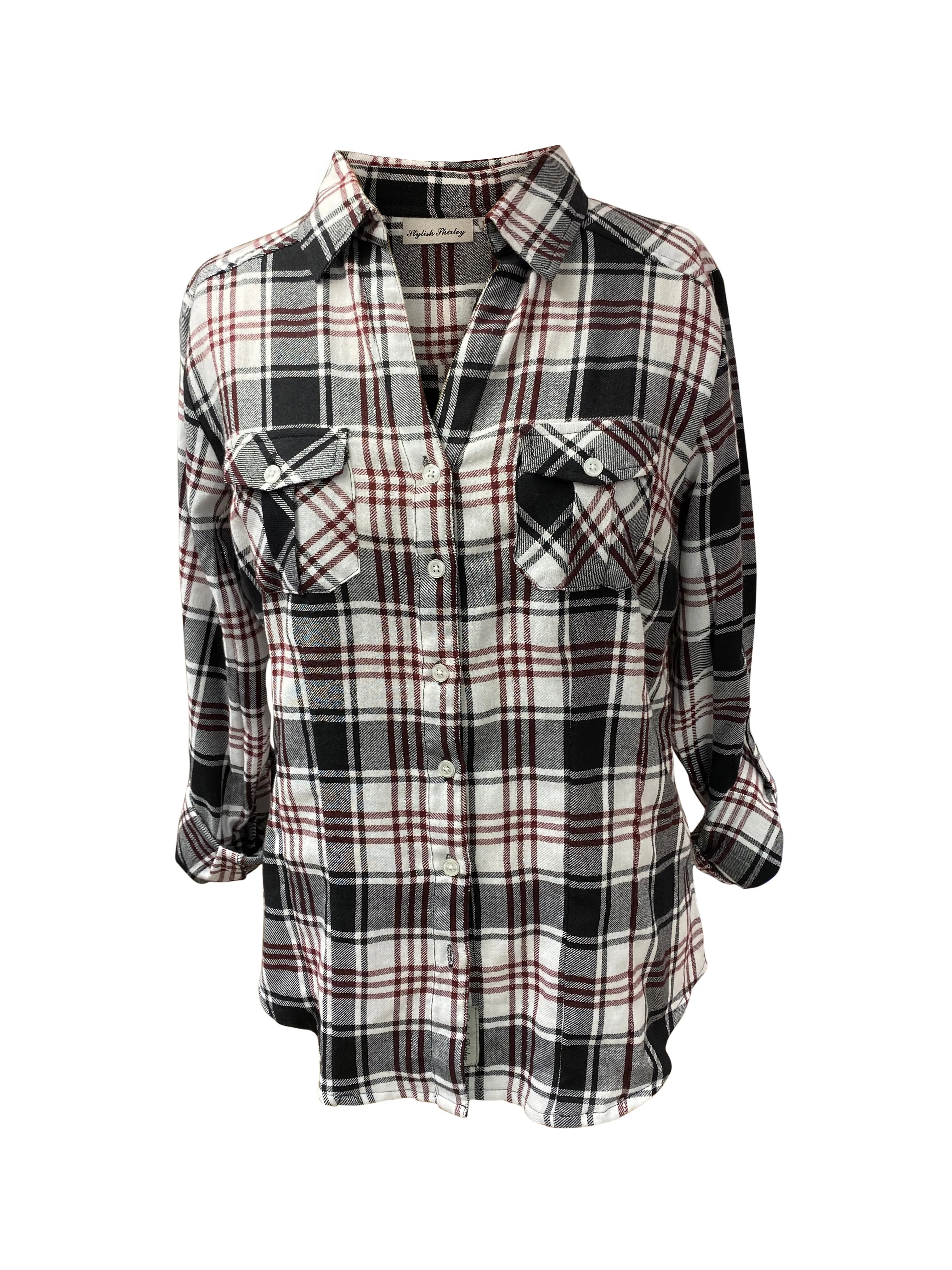 Ladies Long Sleeves, Roll Tab, Light Brushed Flannel Shirt with silver lurex. Black/White Style 52961