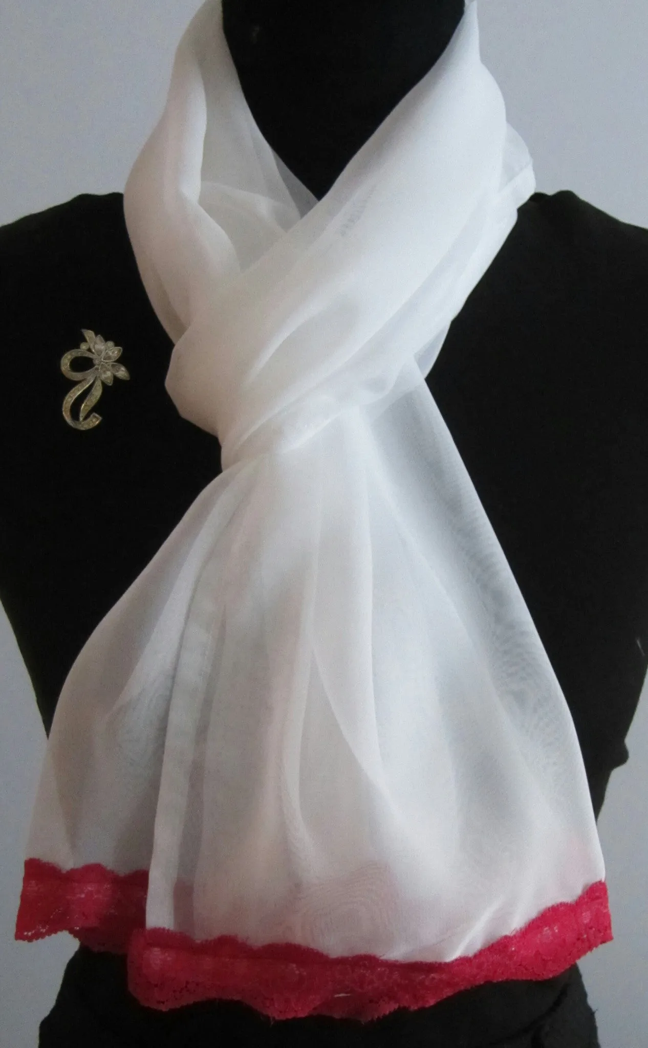 Ladies White Chiffon Scarf With Deep Pink Lace Trim