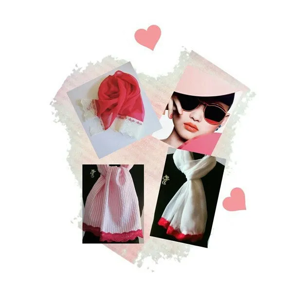 Ladies White Chiffon Scarf With Deep Pink Lace Trim